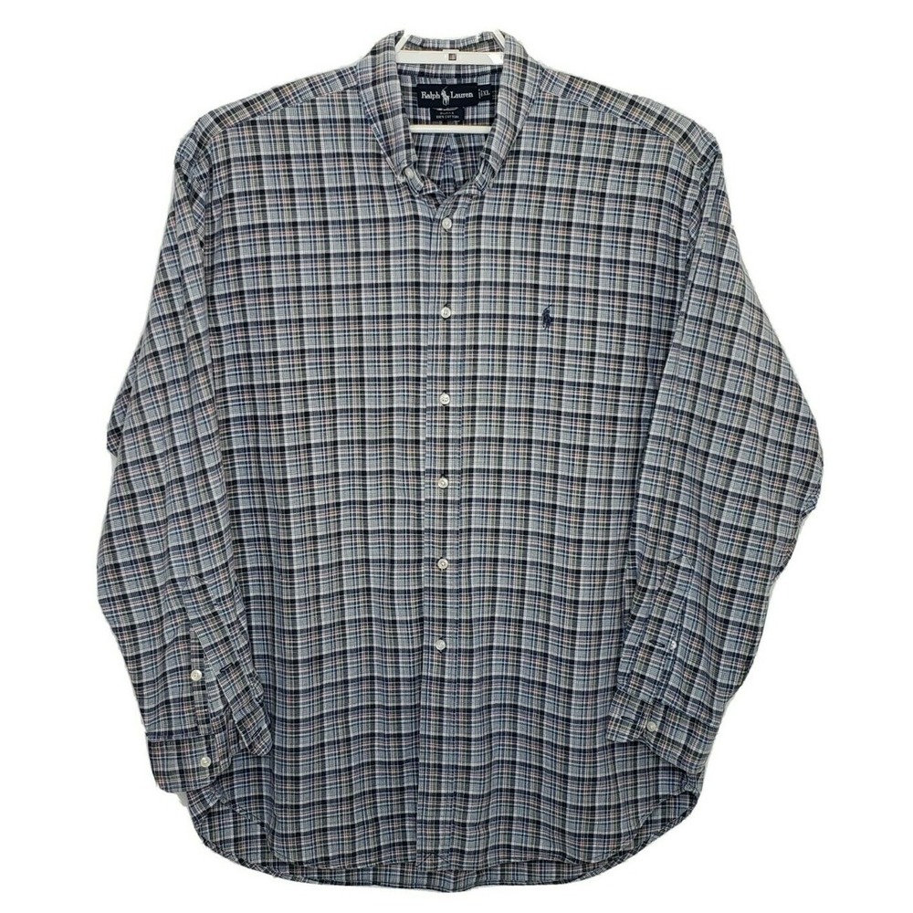 Ralph Lauren Mens Shirt XL‎ L/S Blue Plaid Blake100% Cotton Collared Button Down